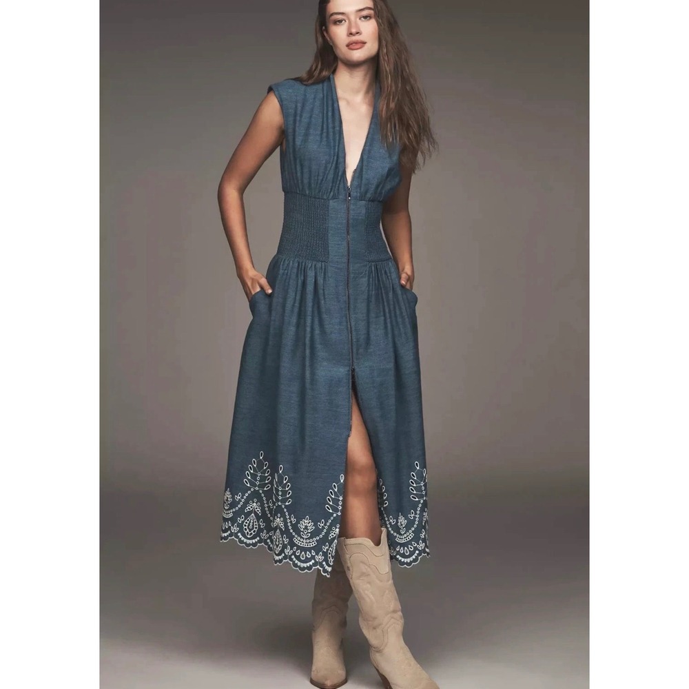 Anthropologie‎ Tommie Denim Eyelet Trim Dress Blue cotton Midi Zip Front L NEW